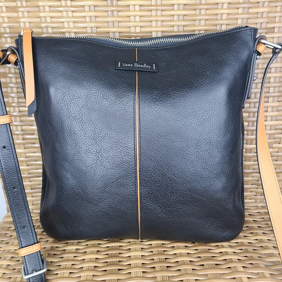 Vera Bradley Gallatin Black Leather Crossbody Bag Purse Floral Interior NWT - Picture 2 of 14